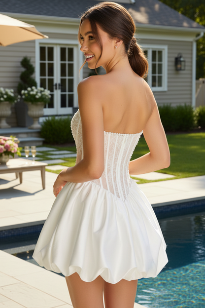 Strapless Pearl Beaded Corset Bubble Mini Dress