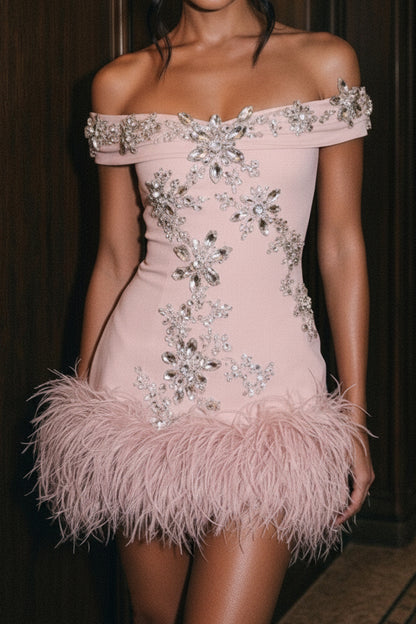 Rhinestone Off-Shoulder Feather Hem Mini Dress