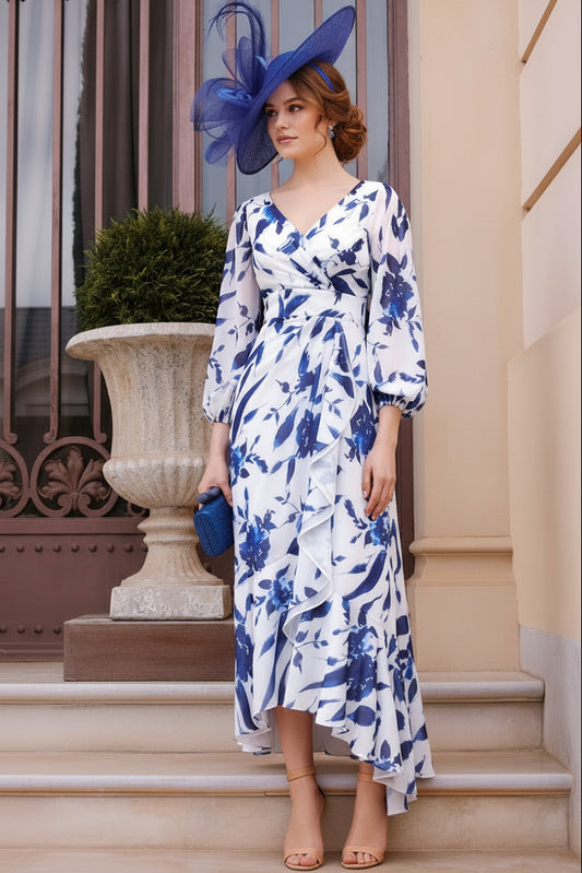 Floral Print High-Low Midi Dress with 3/4 Sleeves
