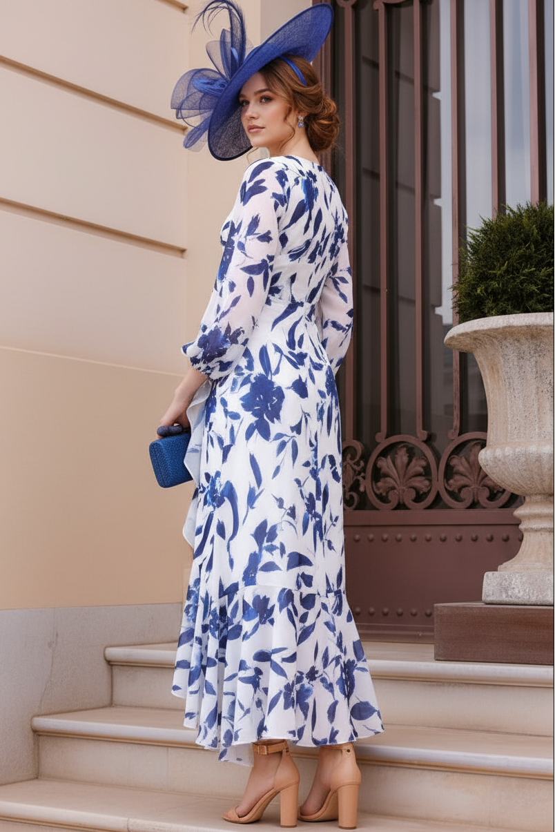 Floral Print High-Low Midi Dress with 3/4 Sleeves