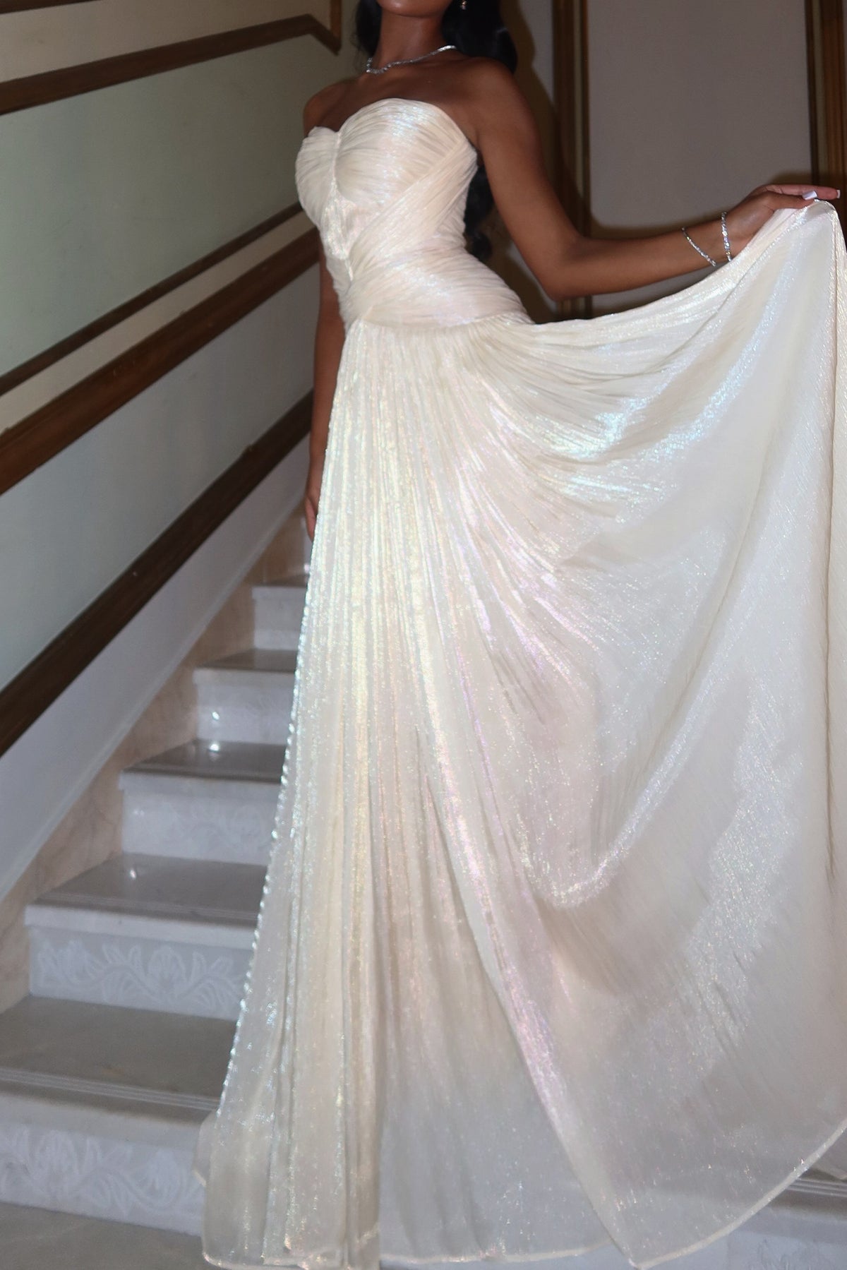 Strapless Pleated Shimmer A-Line Gown