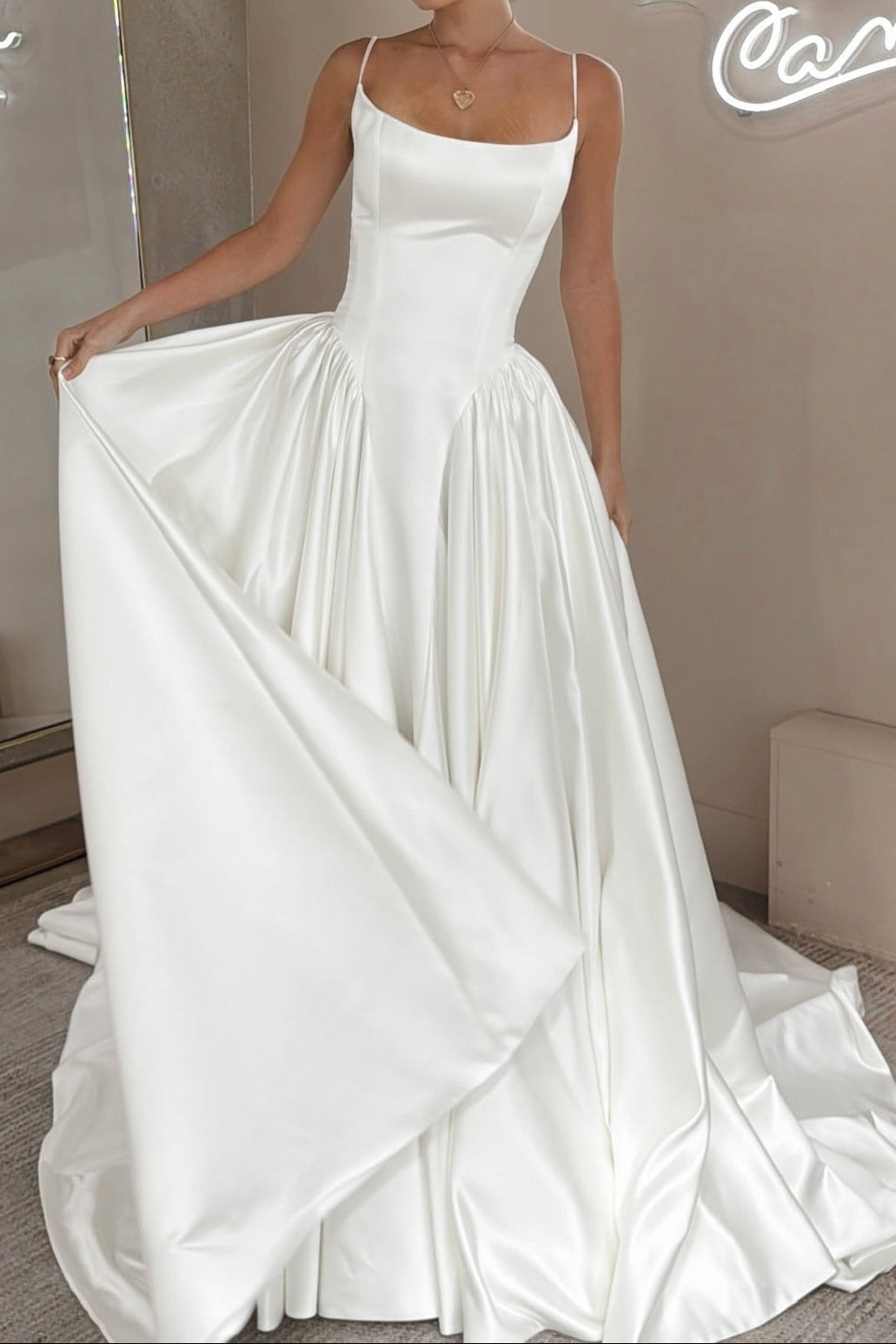 Satin Ball Gown Wedding Dress with Spaghetti Straps