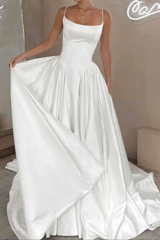 Satin Ball Gown Wedding Dress with Spaghetti Straps