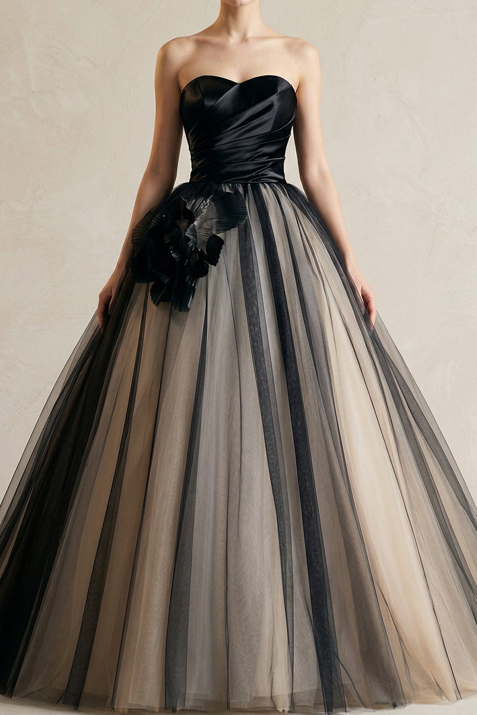 Strapless Ruched Ball Gown with 3D Flower