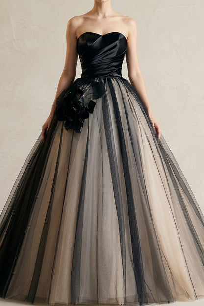 Strapless Ruched Ball Gown with 3D Flower