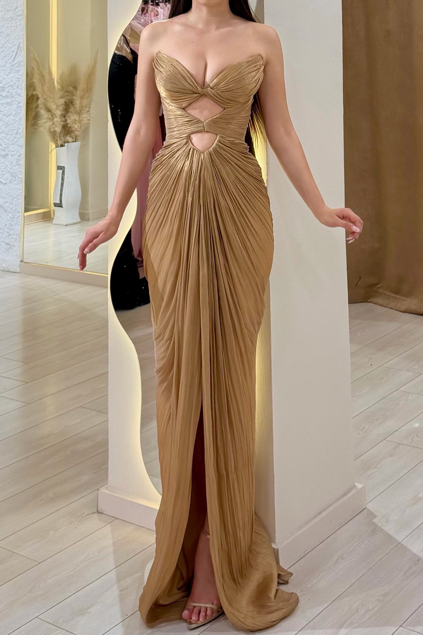 Strapless Pleated Cut-Out High Slit Evening Gown