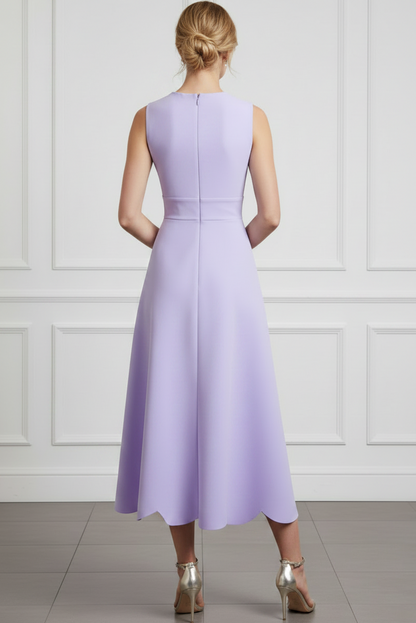 Elegant Scalloped V-Neck Midi Dress with Bow