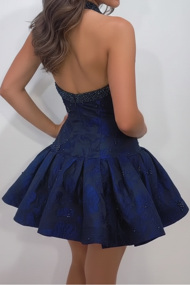 Beaded Halter Jacquard Mini Dress with Full Skirt