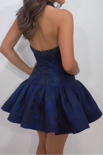 Beaded Halter Jacquard Mini Dress with Full Skirt