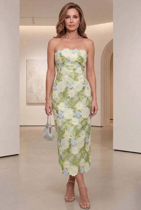 Strapless Floral Lace Midi Sheath Dress