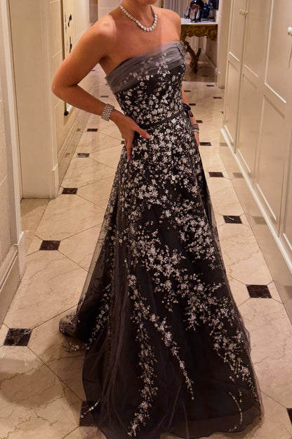 Strapless Floral Embroidered A-Line Evening Gown