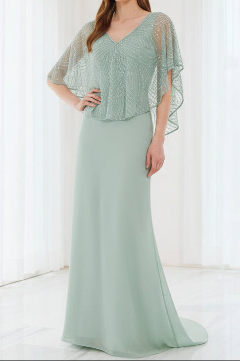 Beaded Capelet V-Neck Column Evening Gown