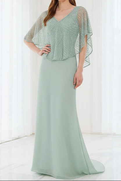 Beaded Capelet V-Neck Column Evening Gown