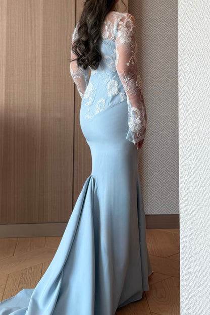 Embroidered Illusion Long Sleeve Gown with Train