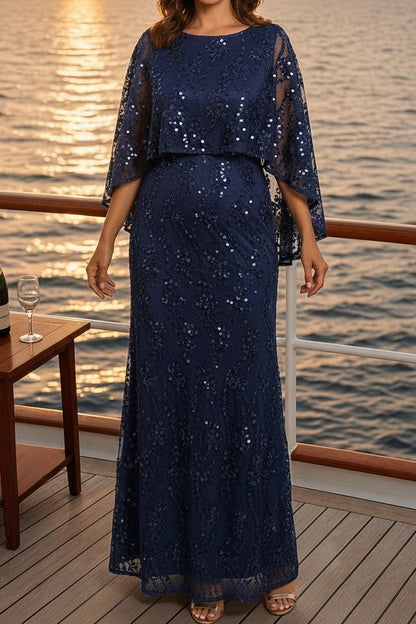 Sequined Capelet Floor-Length Formal Dress
