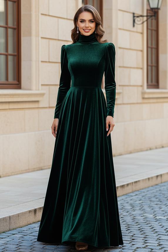 High Neck Velvet A-Line Maxi Dress with Long Sleeves