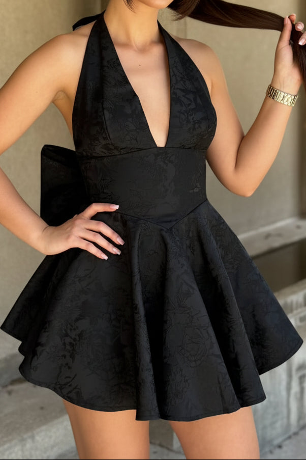 Halter Jacquard Mini Dress with Back Bow and Corset