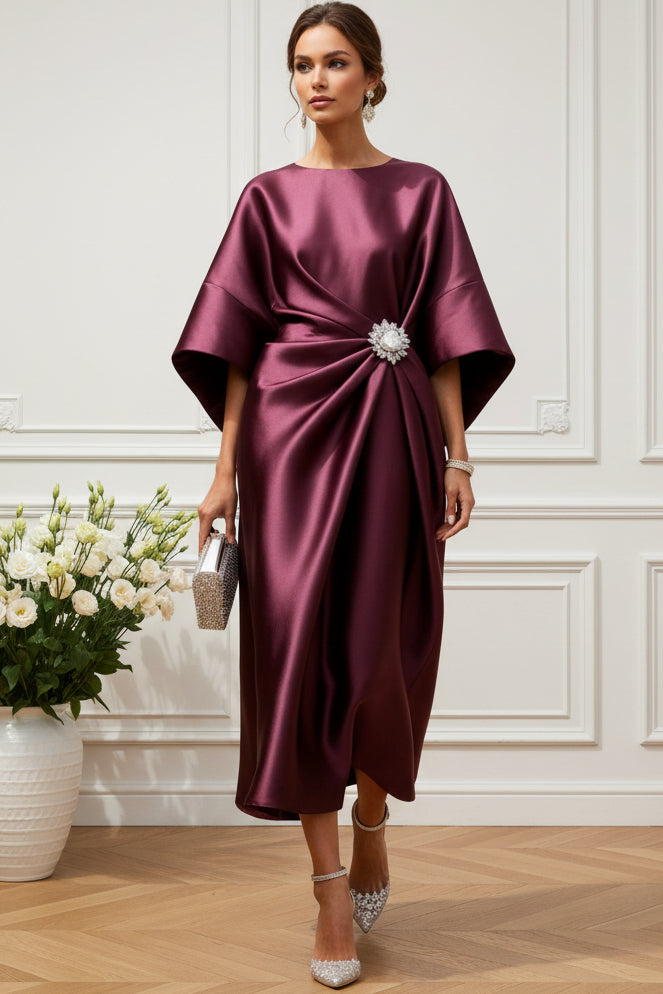 Elegant Draped Satin Midi Dress with Brooch