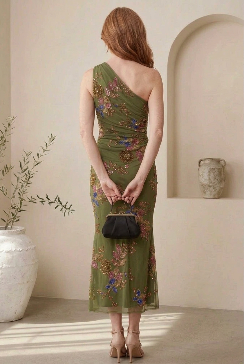 One-Shoulder Floral Beaded Midi Dress