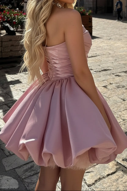 Strapless Pleated Satin Fit and Flare Mini Dress