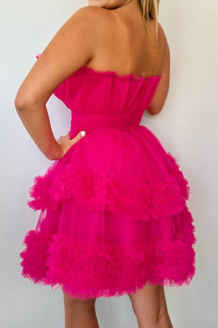 Strapless Ruffled Tiered Tulle A-Line Mini Dress