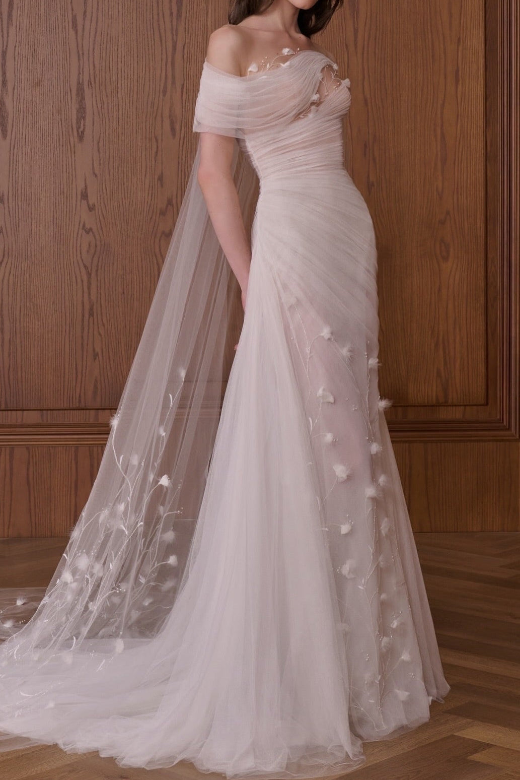 Off-the-Shoulder Ruched Tulle Wedding Dress