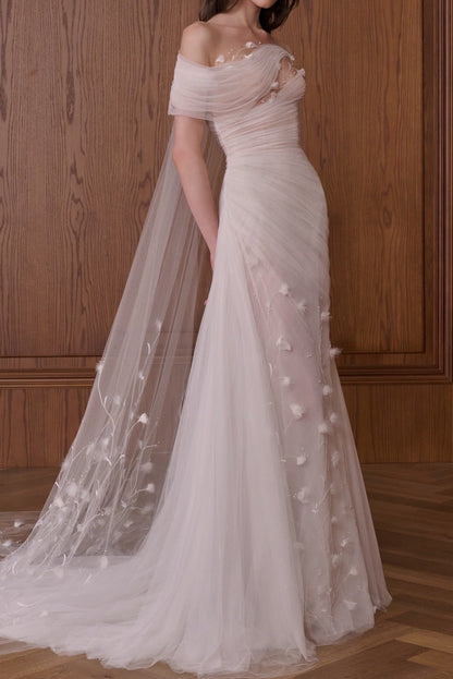 Off-the-Shoulder Ruched Tulle Wedding Dress