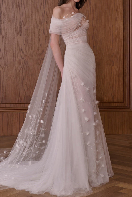 Off-the-Shoulder Ruched Tulle Wedding Dress