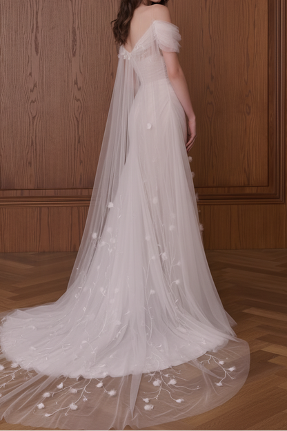 Off-the-Shoulder Ruched Tulle Wedding Dress