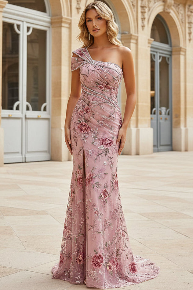 Floral Embroidered One-Shoulder Evening Gown