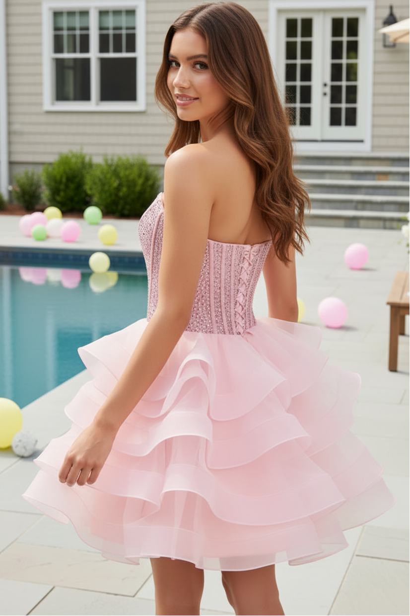 Strapless Sweetheart Corset Ruffled Mini Dress