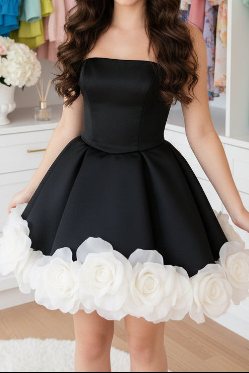 Strapless Satin Mini Dress with 3D Rose Hem