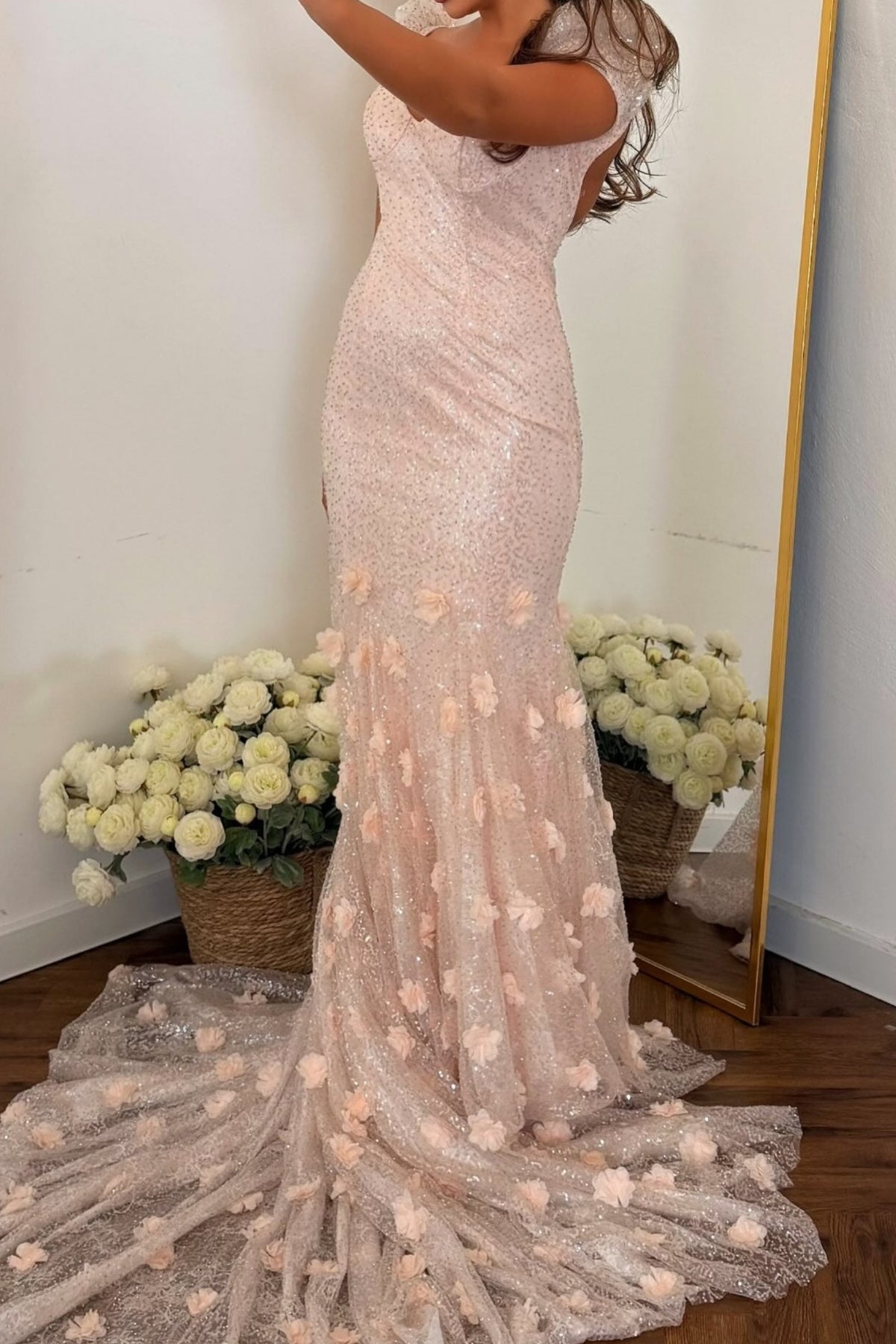 Sequin Mermaid Gown with 3D Flowers