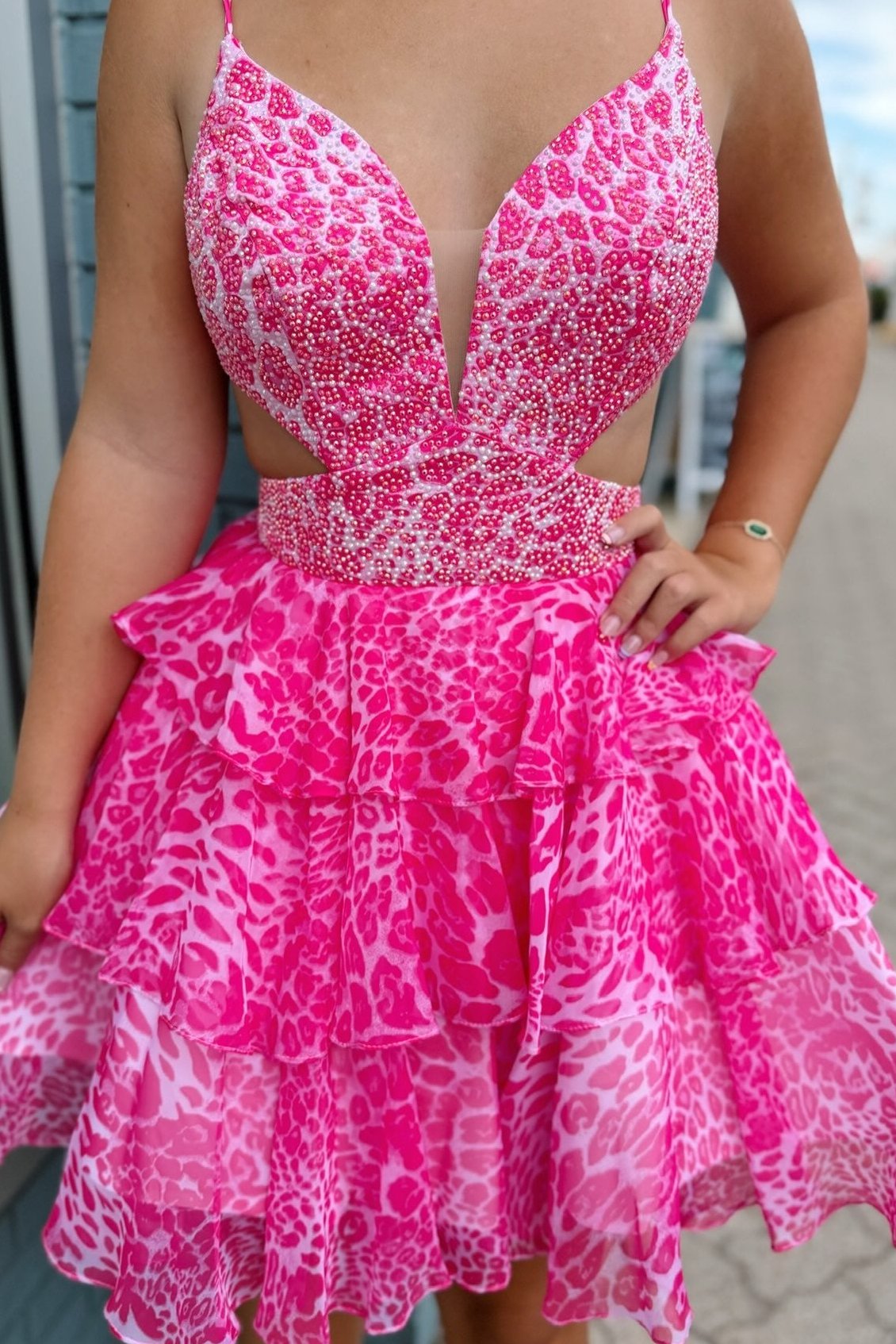 Animal Print Beaded Cut-Out Tiered Short Dress