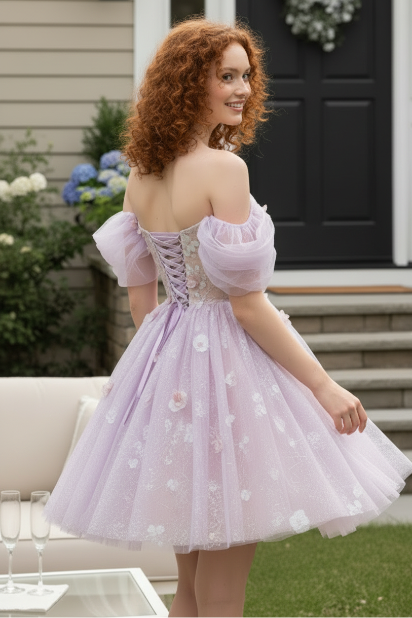 Off-Shoulder 3D Floral Sequin Tulle Short Party Dress