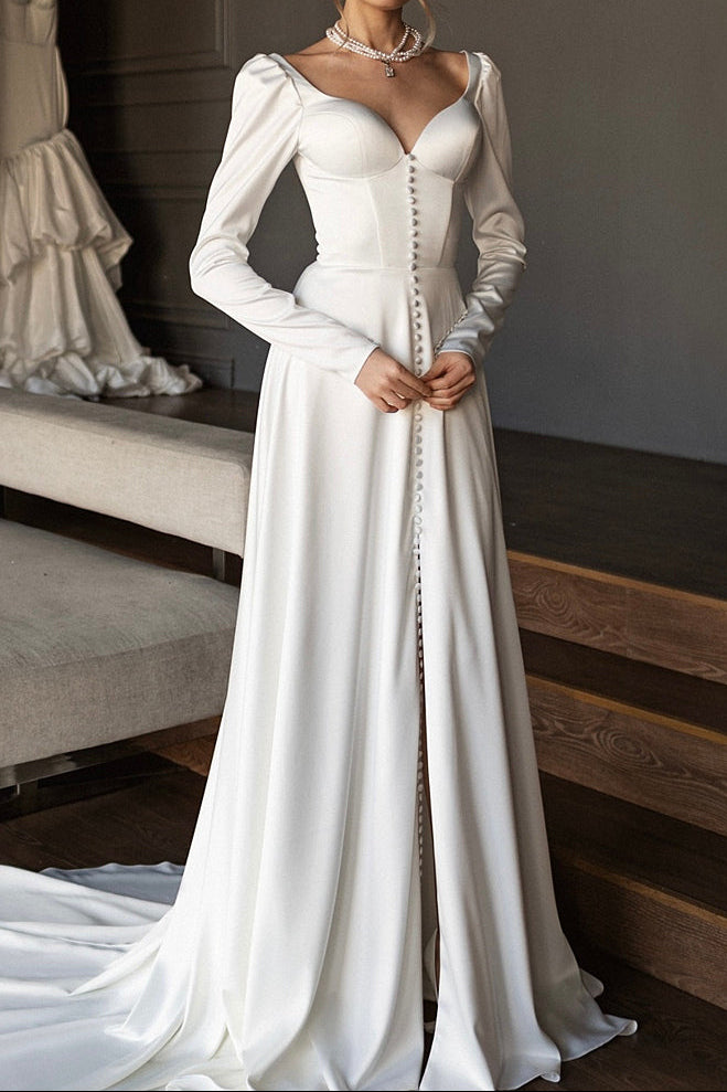Satin Wedding Dress with Long Puff Sleeves