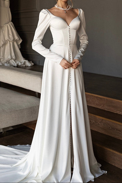 Satin Wedding Dress with Long Puff Sleeves