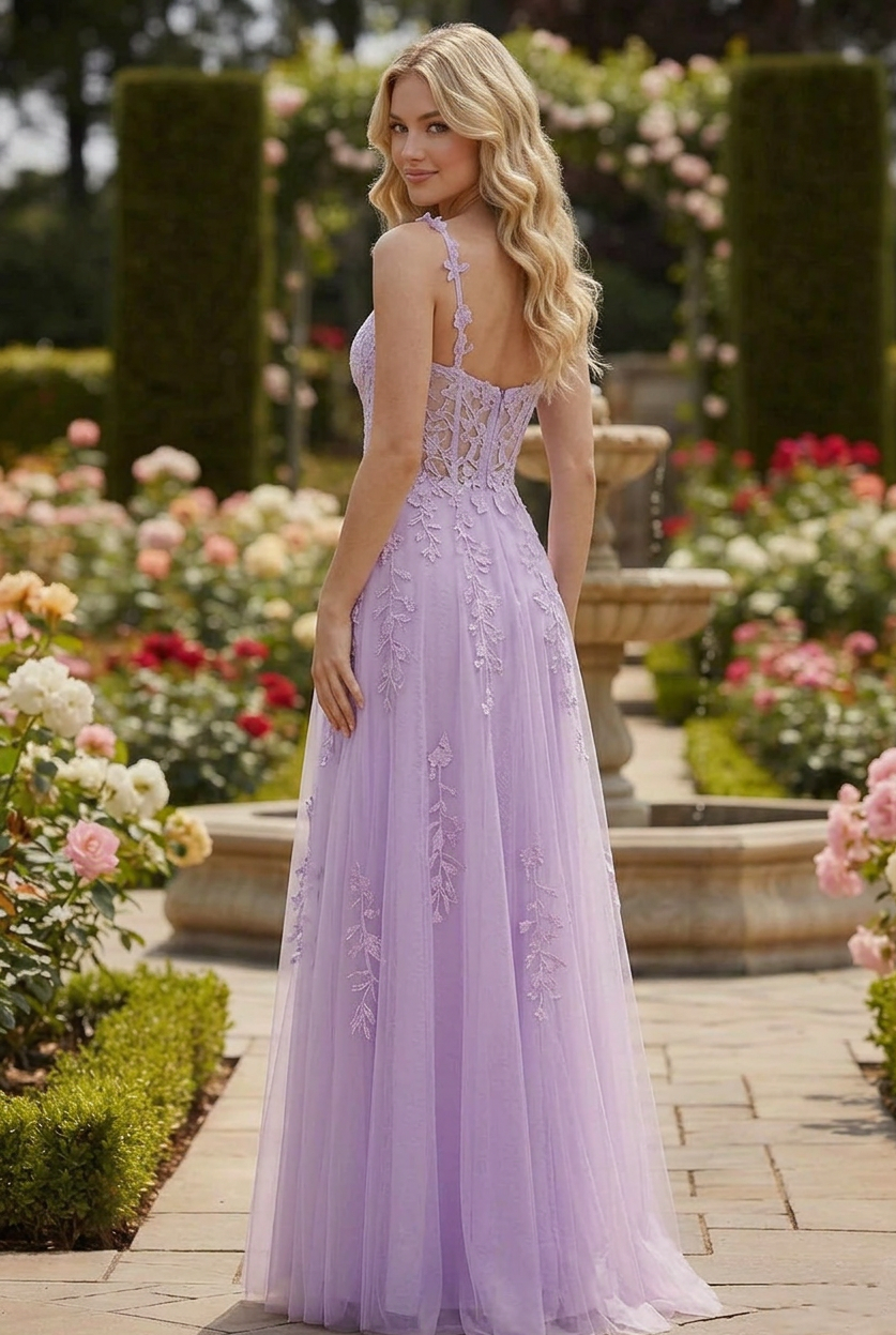 Lace Applique Corset Tulle Gown with Slit
