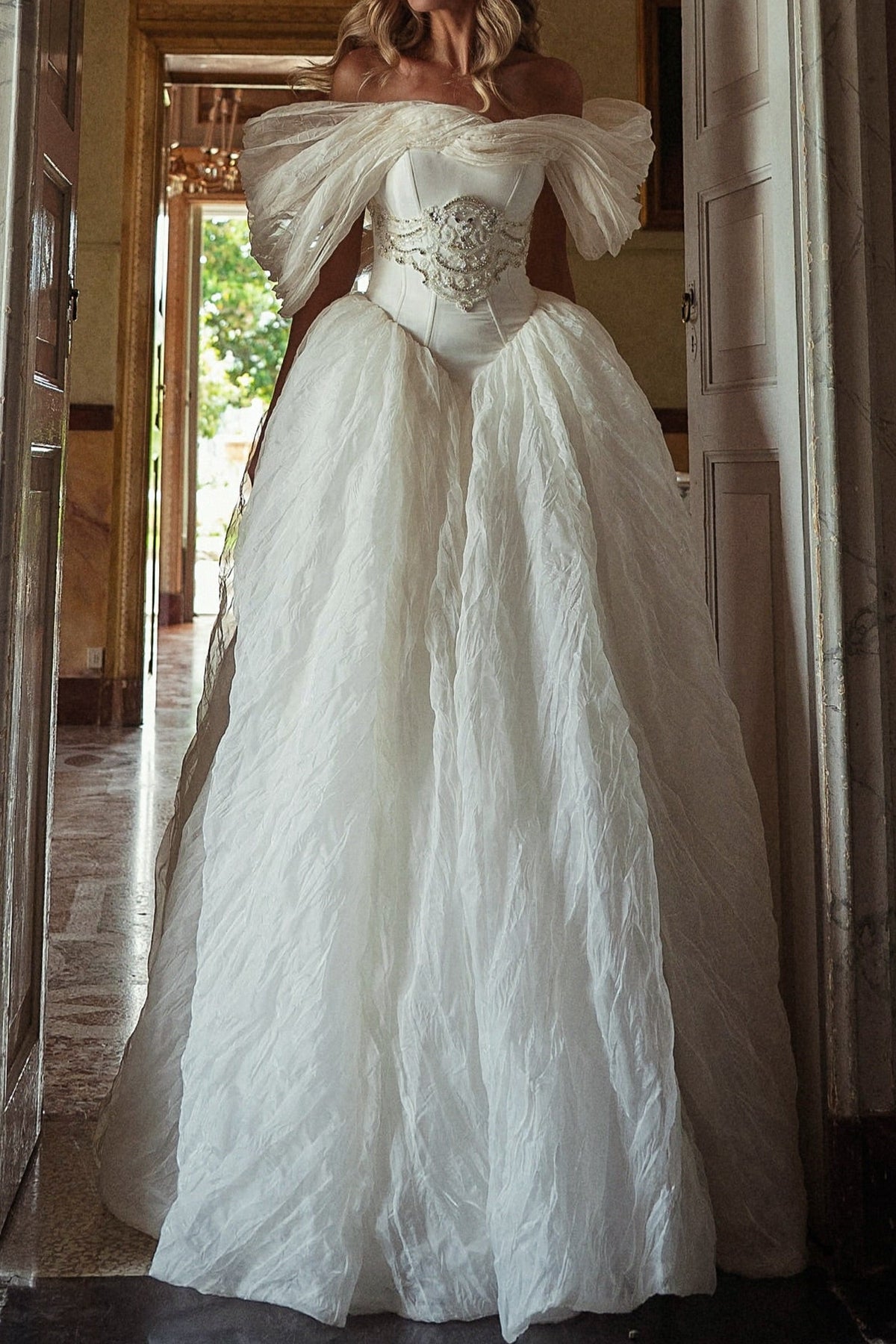 Off-the-Shoulder Corset Ball Gown Wedding Dress