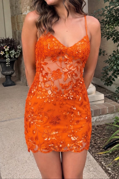Sequined Floral Lace Mini Dress with Tie Back
