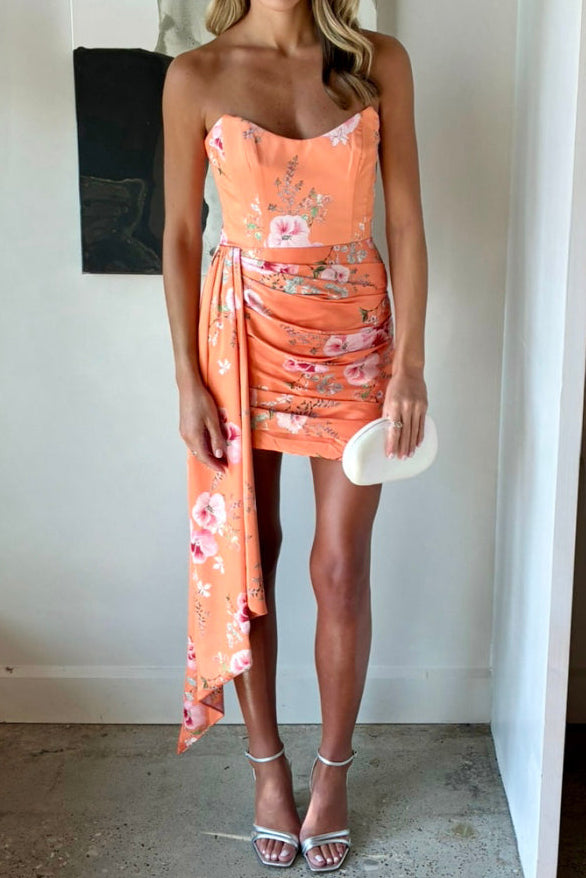 Strapless Floral Ruched Mini Dress with Side Drape