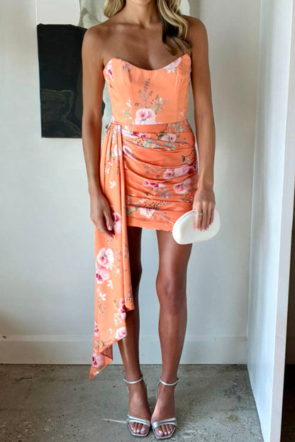 Strapless Floral Ruched Mini Dress with Side Drape