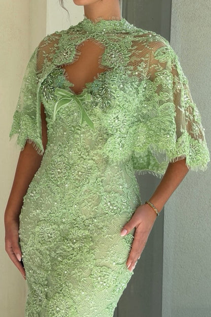 Embroidered Lace Gown with Capelet