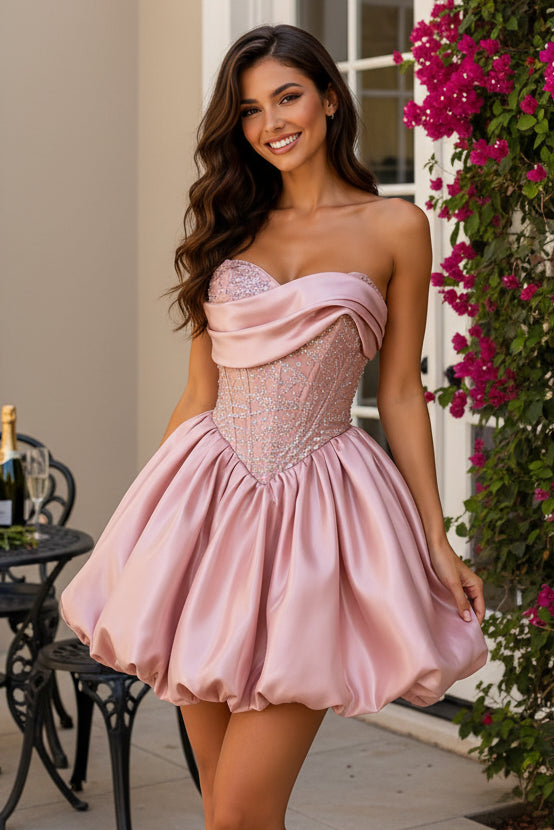 Strapless Beaded Corset Satin Bubble Skirt Mini Dress