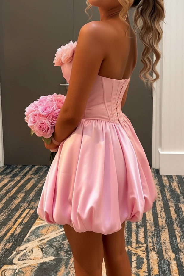 Strapless Corset Bubble Hem Mini Dress 3D Flowers