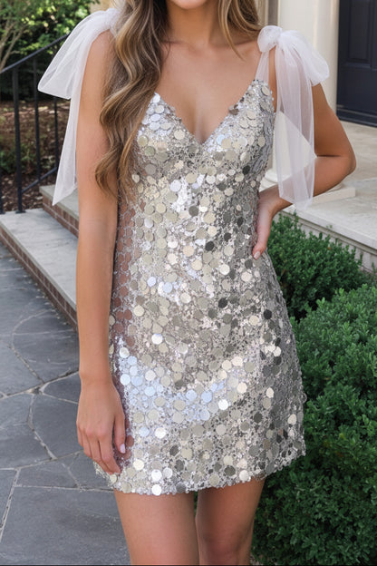 Sequin Mini Dress with Tulle Shoulder Bows