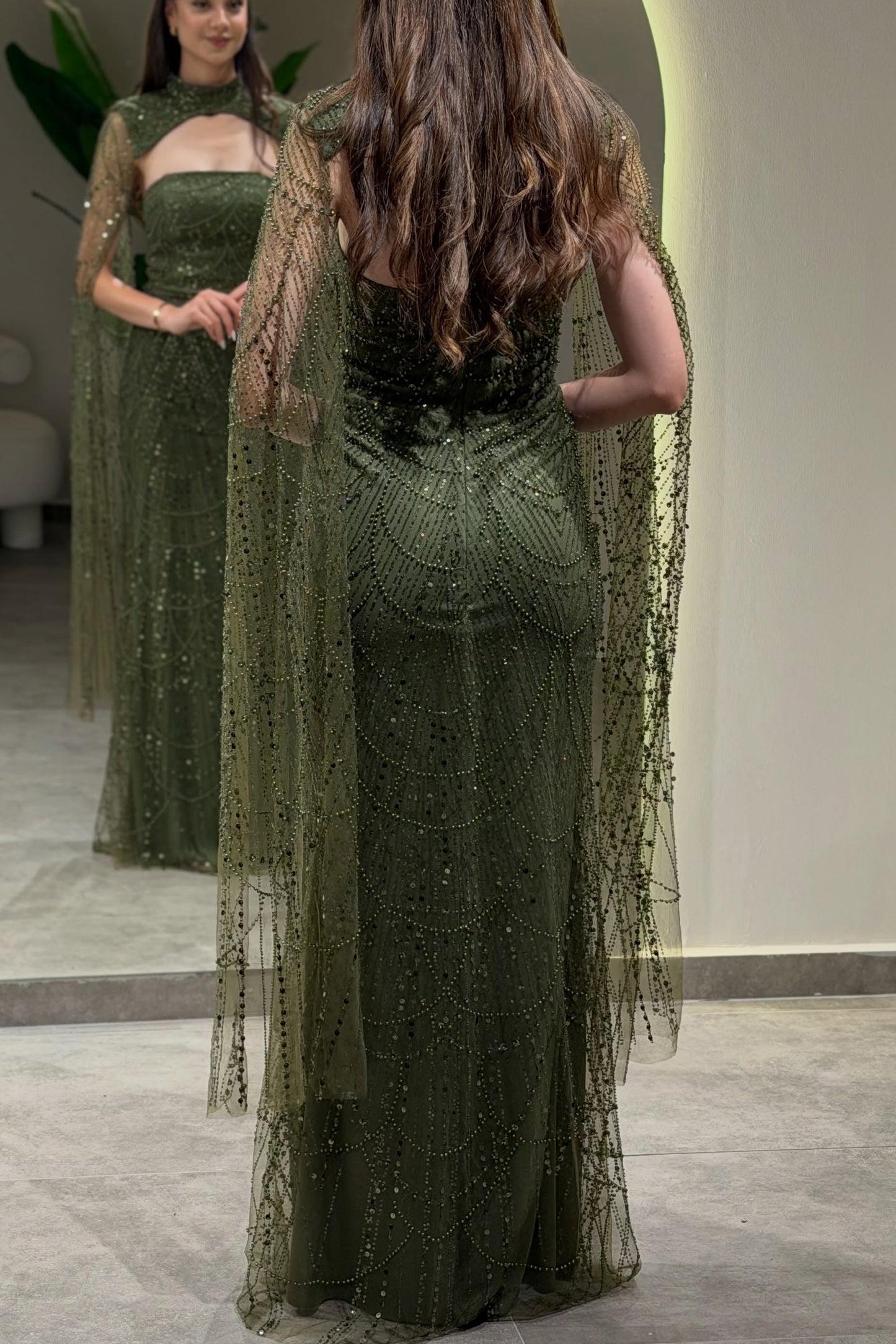 Beaded High Neck Evening Gown with Cape