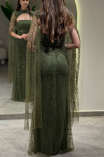 Beaded High Neck Evening Gown with Cape