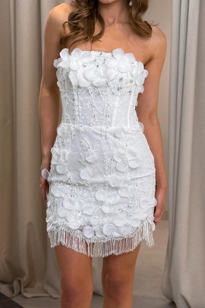 Strapless Floral Applique Fringe Mini Dress