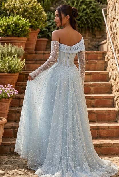 Corset Evening Gown with Beaded Sleeves